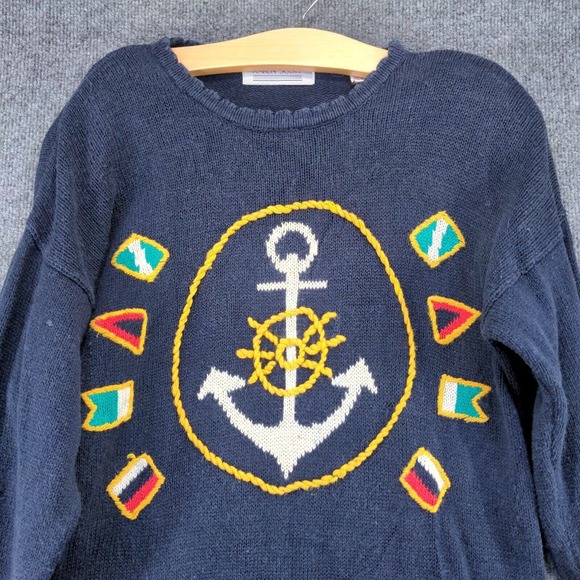 Karen Scott Womens Pullover Sweater Blue Medium Flags Nautical Shoulder Pads - Picture 3 of 13